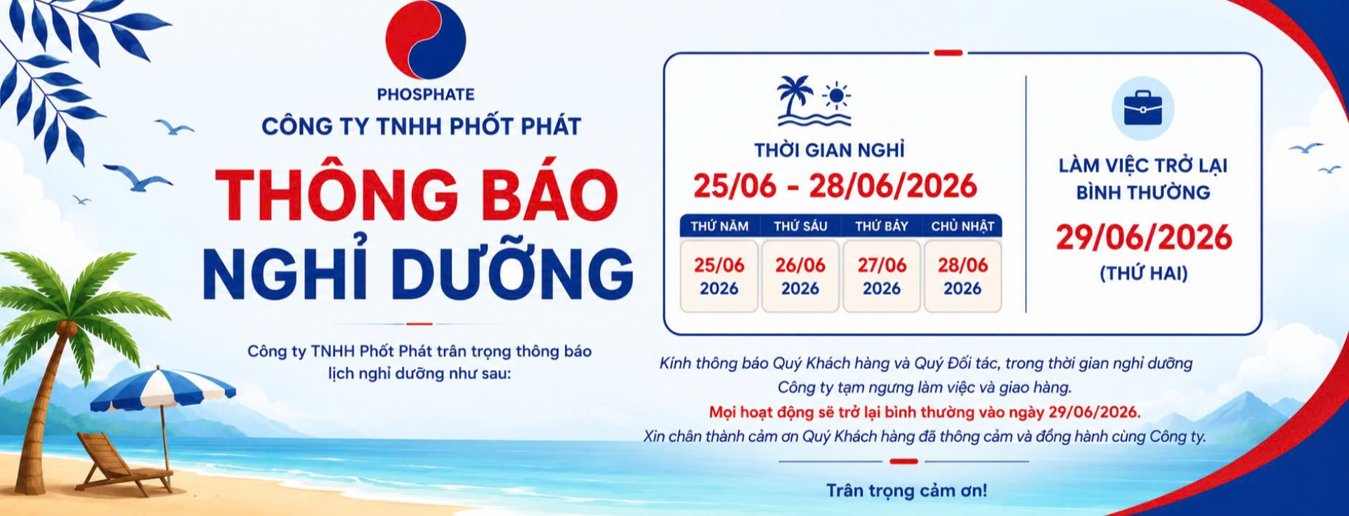 THÔNG BÁO NGHĨ DƯỠNG